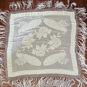 Vintage Velvet Burnout Moonlight Silk Boho Witchy Peacock & Rose Fringed Shawl